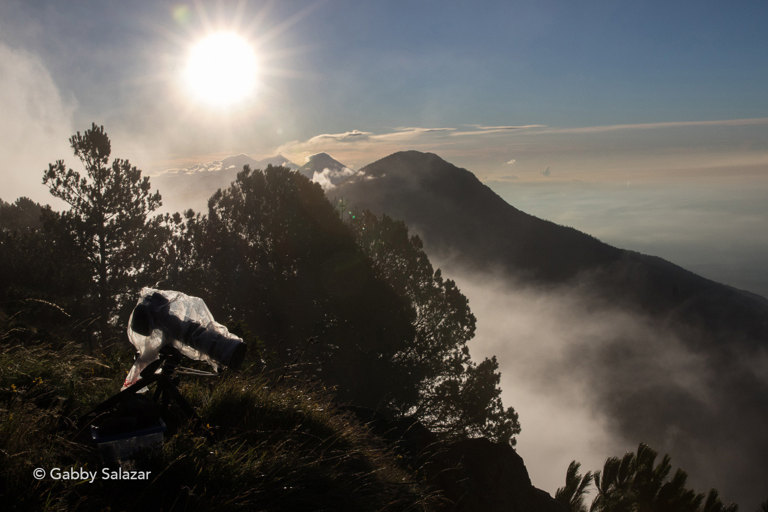 A photogrammetry camera setup, with the chain of Guatemalan volcanoes in the background, including the active Fuego volcano that had just erupted.